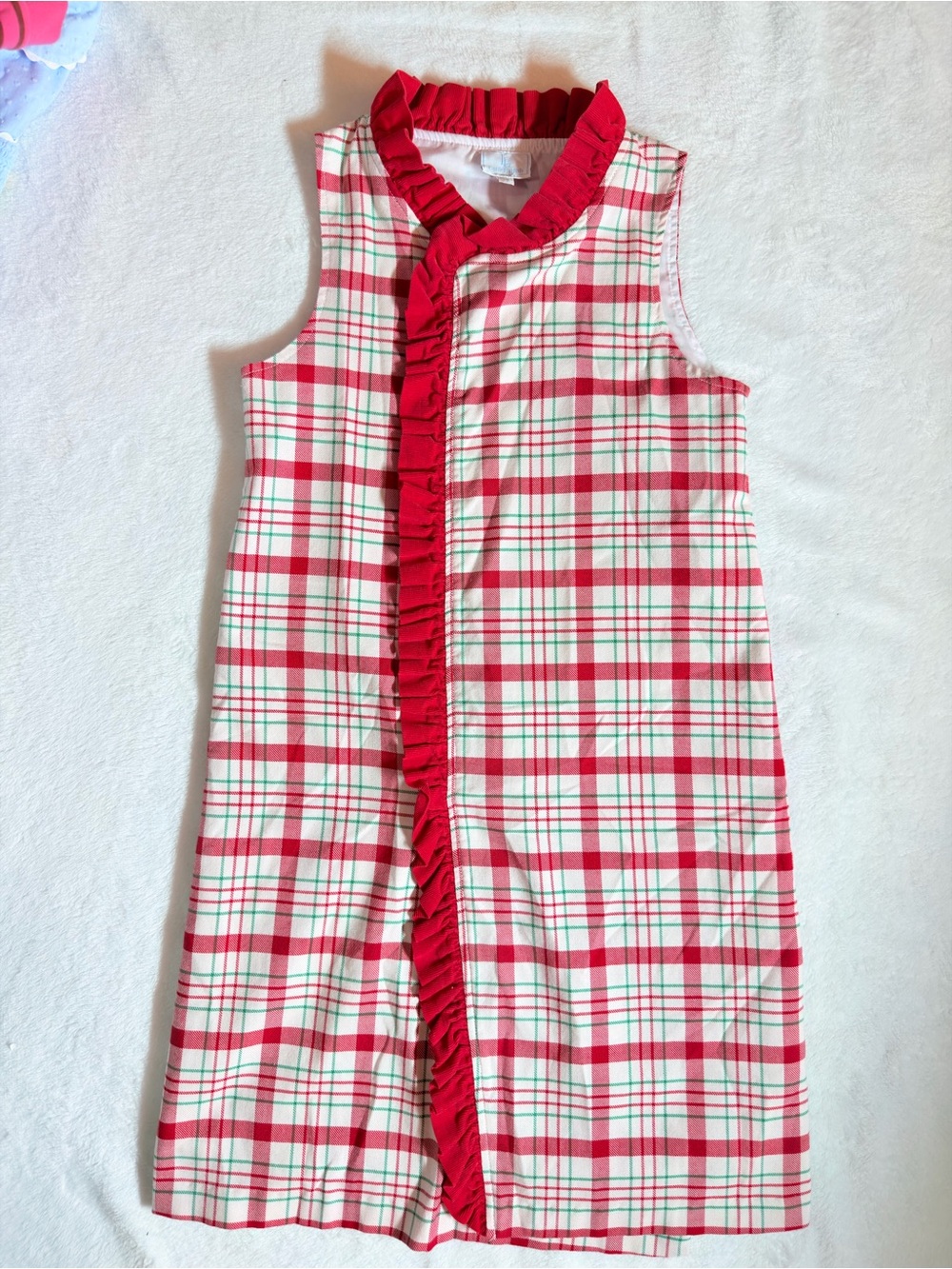 EUC Little English Christmas plaid wrap dress with red cord ruffles 14